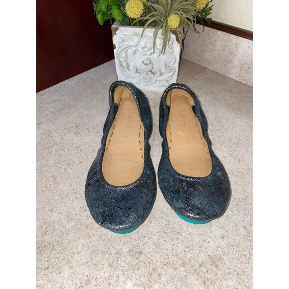 Tieks Drago Metallic Foil Leather Ballet Flats With Turquoise Sole 7 - Picture 8 of 9